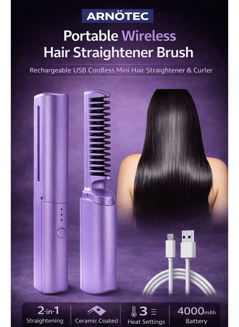 ARNOTEC Portable Wireless Hair Straightener Brush, Rechargeable USB Mini Hair Straightener & Curler, Cordless Styling Comb with Ceramic Coating, 4000mAh Battery for Travel & Daily Use - Image 1